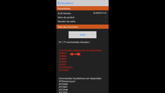 Required command test results on a mobile device