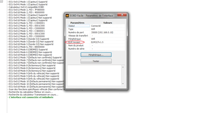 ELM327 interface settings window in EOBD Facile