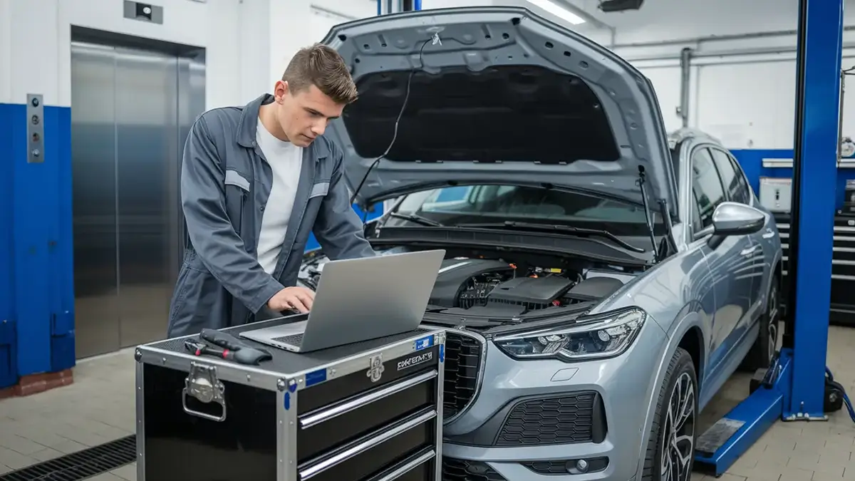 car diagnostic scanner in a garage