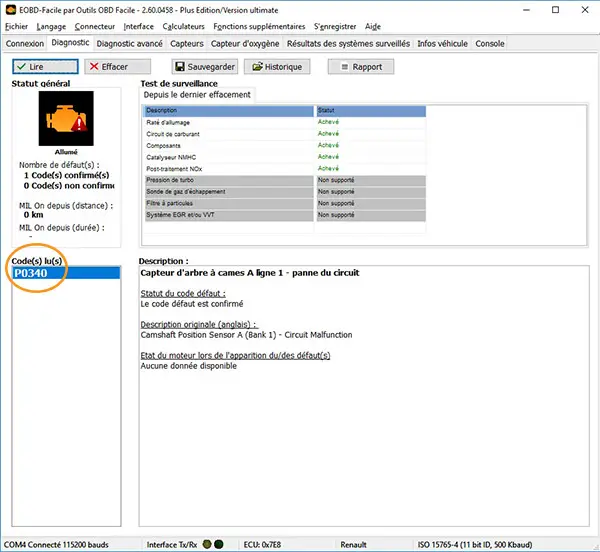 camshaft sensor fault code