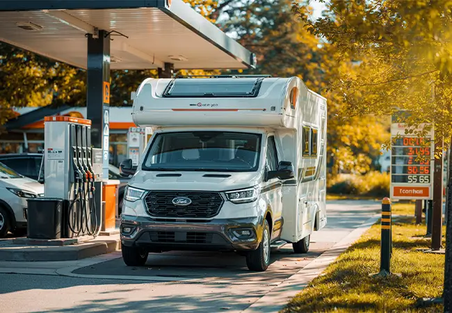 Camper in una stazione di servizio