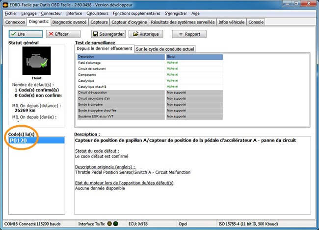 codice di guasto P0120 del corpo farfallato sullo schermo di EOBD