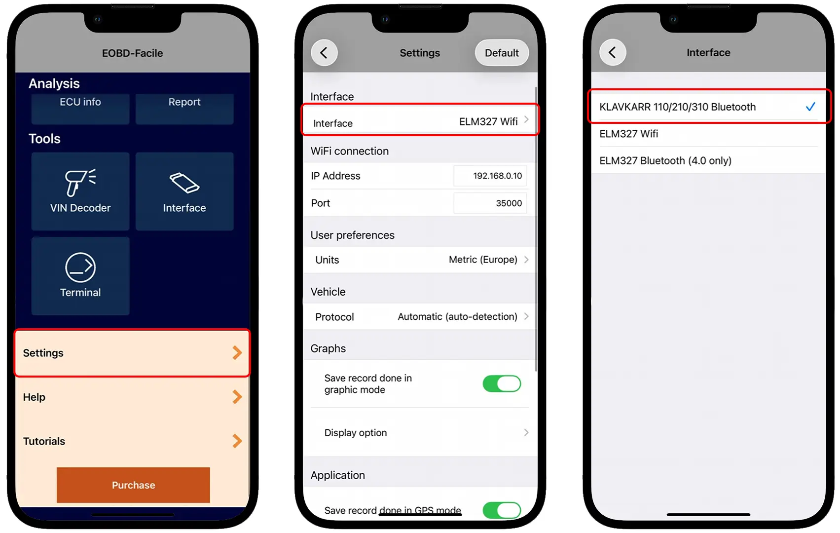 Changing the interface settings in the EOBD-Facile app